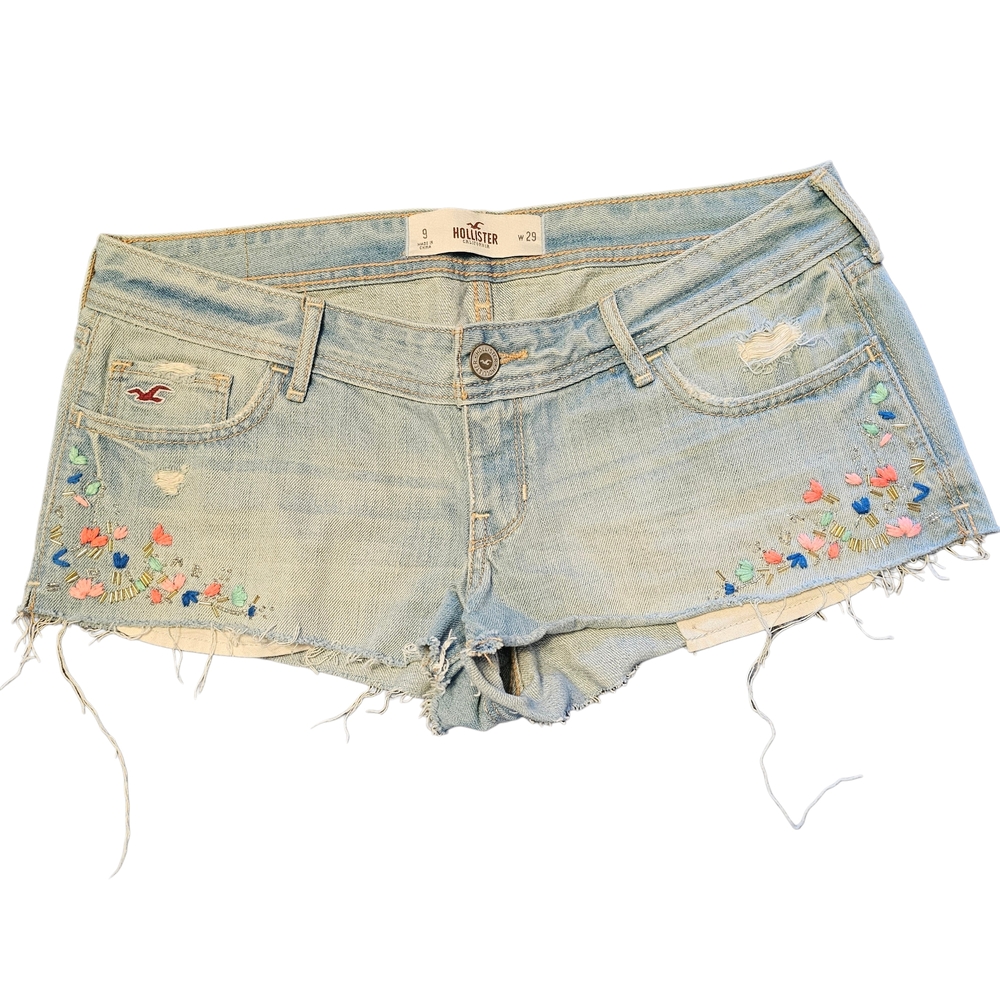 Hollister Denim Distressed Embroidered Beaded Y2K Low Rise Jean Shorts Sz 9